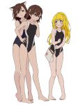  +_+ 3girls animal_ears bag barefoot blonde_hair blush brown_eyes brown_hair cat_ears character_request collarbone commentary_request flower hair_flower hair_ornament hand_on_own_chin highres holding holding_bag looking_to_the_side misaka_mikoto multiple_girls one-piece_swimsuit shokuhou_misaki simple_background sweat swimsuit teruya_(6w6y) to_aru_kagaku_no_railgun to_aru_majutsu_no_index 