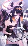  1girl bangs bare_shoulders black_dress blush breasts detached_sleeves dress halo highres hololive hololive_english long_hair looking_at_viewer low_wings ninomae_ina&#039;nis purple_eyes purple_hair sidelocks single_detached_sleeve small_breasts tentacles virtual_youtuber wings yaguo 