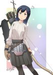  1girl alternate_costume alternate_hairstyle archery arrow_(projectile) black_hair black_skirt blue_eyes bow_(weapon) breasts brown_gloves flight_deck frown gloves hair_ornament hairclip high-waist_skirt highres kantai_collection large_breasts long_hair looking_at_viewer osamada_meika pantyhose partly_fingerless_gloves pleated_skirt quiver rigging single_glove skirt solo souryuu_(kantai_collection) sweater tareme weapon white_sweater yugake 