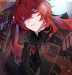  1boy antenna_hair bangs bear_nyanm black_gloves coat commentary_request diluc_(genshin_impact) frown genshin_impact gloves hair_between_eyes highres long_hair looking_at_viewer looking_down male_focus necktie parted_lips red_eyes red_hair solo upper_body 