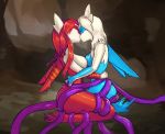  absurd_res anthro blue_body blue_eyes breasts duo female female/female goo_transformation hair hi_res kissing latias latios legendary_pok&eacute;mon nintendo nipples nude pok&eacute;mon pok&eacute;mon_(species) rainset red_eyes red_hair simple_background tentacles transformation video_games 