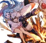  animal_ears armor aura axe berserker_(granblue_fantasy) blue_eyes blue_hair carrying_overhead explosion gran_(granblue_fantasy) granblue_fantasy jumping kingyo_114 lyria_(granblue_fantasy) pointing pointing_at_viewer staff stuffed_toy surprised wolf_ears 