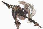  1girl animal_ears barefoot bunny_ears closed_mouth commission dark_skin ebimomo final_fantasy final_fantasy_xiv grey_hair holding holding_spear holding_weapon knee_pads long_hair looking_at_viewer original polearm simple_background skeb_commission solo spear very_long_hair weapon white_background yellow_eyes 