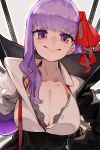  1girl bangs bb_(fate)_(all) bb_(fate/extra_ccc) black_bra bra breasts chain cleavage fate/extra fate/extra_ccc fate_(series) hair_ribbon highres long_hair purple_eyes purple_hair red_ribbon ribbon simple_background smile solo toro3 underwear white_background 