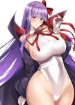  1girl bb_(fate)_(all) bb_(fate/extra_ccc) black_coat coat cowboy_shot fate/extra fate/extra_ccc fate/grand_order fate_(series) gloves groin hair_ribbon hand_up highleg highleg_leotard kumakichi_(cost-lost) leotard long_hair neck_ribbon popped_collar purple_eyes purple_hair red_ribbon ribbon shiny shiny_hair shiny_skin solo thighs very_long_hair white_gloves white_leotard 