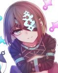  1girl aoi23umi aqua_eyes birdcage bound bound_arms brown_hair cage commentary_request crossed_arms dark_persona eyebrows_visible_through_hair eyepatch gretel_(sinoalice) half-nightmare light_smile looking_at_viewer short_hair sinoalice solo straitjacket white_background 
