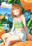  1girl :p ahoge bangs bare_arms bare_shoulders blush breasts butterfly_wings camisole cleavage closed_eyes collarbone food frilled_camisole fruit furrowed_eyebrows green_camisole hair_down highres love_live! love_live!_sunshine!! mandarin_orange midriff miniskirt navel orange_hair pleated_skirt qy shirt short_hair sitting skirt solo spaghetti_strap takami_chika tongue tongue_out white_shirt wings 