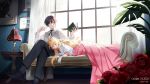  blonde_hair book couch dress flowers gloves long_hair male original rose sleeping tagme_(artist) 