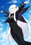  1girl bangs black_capelet black_dress blue_sky blush breasts butterfly_hair_ornament capelet dress echidna_(re:zero) hair_ornament highres inu_(aerodog) large_breasts long_hair long_sleeves open_mouth purple_eyes re:zero_kara_hajimeru_isekai_seikatsu silver_hair sky smile striped vertical-striped_dress vertical_stripes white_eyelashes 