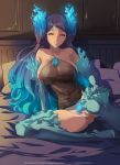  1girl ale_(ale_halexxx) bare_shoulders bed blue_eyes blue_fire blue_gloves blue_hair boots breasts brighid_(xenoblade) double_bun facial_mark fiery_hair fire forehead_mark gloves gradient_hair half-closed_eyes large_breasts long_hair looking_at_viewer multicolored_hair nipples on_bed purple_hair pussy revision see-through sheer_clothes sitting sitting_on_bed smile solo thigh_boots thighhighs uncensored unusually_open_eyes very_long_hair xenoblade_chronicles_(series) xenoblade_chronicles_2 yokozuwari 