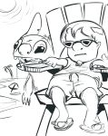 alien ambiguous_gender beach beach_blanket beach_umbrella black_and_white child claws clothed clothing digital_drawing_(artwork) digital_media_(artwork) disney duo experiment_(lilo_and_stitch) eyewear female footwear hair hi_res human lifeguard lifeguard_chair lilo_and_stitch lilo_pelekai male_(lore) mammal monochrome notched_ear open_mouth outside palm_tree reclining sandals seaside stitch_(lilo_and_stitch) sunglasses swimming_trunks swimwear tree unknown_artist whistle_(object) young 