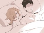  1boy 1girl asutora black_hair brown_hair closed_eyes closed_mouth faceless faceless_male fingernails lying nude on_back on_bed on_side original pillow short_hair sleeping under_covers 