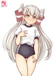  1girl alternate_costume amatsukaze_(kantai_collection) artist_logo ass_visible_through_thighs black_buruma buruma commentary_request cowboy_shot dated dress gym_shirt gym_uniform hair_tubes hand_on_own_chest highres kanon_(kurogane_knights) kantai_collection long_hair sailor_dress shirt silver_hair simple_background solo t-shirt thigh_gap two_side_up white_background white_shirt windsock 