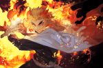  1boy belt black_background blonde_hair breathing_fire cape fire flaming_sword flaming_weapon glowing glowing_eyes holding holding_sword holding_weapon katana kimetsu_no_yaiba lack male_focus rengoku_kyoujurou sheath sword thick_eyebrows uniform weapon 