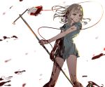  1girl blonde_hair blood blood_on_face blood_splatter bloody_clothes bow briar_rose_(sinoalice) commentary_request dated hair_bow highres hospital_gown intravenous_drip ojo_aa parted_lips signature sinoalice solo torn_clothes white_background yellow_eyes 