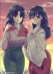  2girls aerururu bangs black_eyes black_hair blurry blush bokeh breasts closed_mouth cloud cloudy_sky commentary cowboy_shot depth_of_field eyebrows_visible_through_hair eyelashes green_skirt hand_on_another&#039;s_shoulder highres higurashi_kagome inuyasha japanese_clothes kimono lips long_hair looking_at_viewer medium_breasts miko multiple_girls outdoors parted_bangs red_skirt sango side-by-side skirt sky smile standing sunset twitter_username white_robe wide_sleeves 