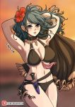  1girl armpits arms_behind_head arms_up bare_legs bare_thighs bikini black_bikini black_swimsuit blue_eyes breasts byleth_(fire_emblem) byleth_(fire_emblem)_(female) cape cleavage fire_emblem fire_emblem:_three_houses fire_emblem_heroes flower hair_flower hair_ornament heart heart-shaped_pupils highres kinkymation knife large_breasts looking_at_viewer medium_hair red_flower sideboob solo swimsuit symbol-shaped_pupils thighs 