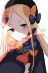  1girl abigail_williams_(fate/grand_order) bangs black_bow black_dress black_headwear blonde_hair blue_eyes blush bow breasts dress fate/grand_order fate_(series) forehead hair_bow hat highres kankitsu_kei long_hair looking_at_viewer multiple_bows orange_bow parted_bangs polka_dot polka_dot_bow ribbed_dress sleeves_past_fingers sleeves_past_wrists small_breasts smile stuffed_animal stuffed_toy teddy_bear 