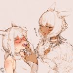  2girls absurdres animal_ears bangs blush breasts candy cat_ears choker cleavage closed_eyes dress eyebrows_visible_through_hair facial_mark feeding final_fantasy final_fantasy_xiv food full-face_blush fur_trim halterneck highres hjz_(artemi) looking_at_another miqo&#039;te multiple_girls neck_tattoo open_mouth short_hair tattoo whisker_markings white_background y&#039;shtola_rhul 