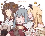  3girls ahoge arm_around_shoulder bare_shoulders betchan black_bow blonde_hair bow braid breasts brown_hair crown detached_sleeves double_bun dress facial_scar flower_(symbol) french_braid gangut_(kantai_collection) grey_hair hair_ornament hairband headgear japanese_clothes jewelry kantai_collection kongou_(kantai_collection) mini_crown multiple_girls necklace nontraditional_miko off-shoulder_dress off_shoulder open_mouth purple_eyes red_eyes red_shirt ribbon-trimmed_sleeves ribbon_trim scar scar_on_cheek shirt skirt smile star_(symbol) warspite_(kantai_collection) 
