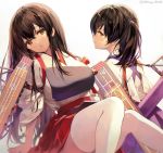  2girls 888myrrh888 akagi_(kantai_collection) bangs black_hair blue_hakama blush breasts brown_eyes commentary_request flight_deck hakama hakama_skirt japanese_clothes kaga_(kantai_collection) kantai_collection kimono large_breasts long_hair multiple_girls muneate open_mouth ponytail red_hakama rigging side_ponytail simple_background sweat tasuki thighhighs twitter_username white_background white_legwear 