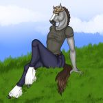  1:1 anthro brown_hair camo clothed clothing dallas_prairiewind equid equine fur grass grey_body grey_fur hair hat headgear headwear hi_res hooves horse looking_at_viewer male mammal markings sitting solo tabascocat white_markings 