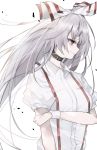  1girl closed_mouth collar collared_shirt commentary_request from_side fujiwara_no_mokou hair_ribbon highres hiiro60 leather_collar long_hair looking_to_the_side red_eyes ribbon shirt short_sleeves silver_hair simple_background smile solo standing suspenders touhou upper_body very_long_hair white_background white_shirt 