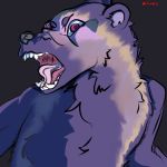  1:1 angry anthro baring_teeth bust_portrait fur low_res male mammal mustelid musteline open_mouth portrait purple_body purple_eyes purple_fur teeth tongue wolverine 