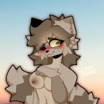  1:1 abstract_background anthro blush breasts emmi_mami female hi_res jesse_(ciderward) mammal pose procyonid raccoon solo text unknown_artist 