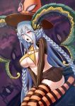  1girl bangs blue_hair breasts brown_jacket brown_legwear brown_skirt cleavage commentary_request crossed_bangs curled_horns dragon_girl dragon_horns dragon_tail fangs fate/grand_order fate_(series) halloween hat highres horns jacket kaku-c_aji lahmu large_breasts long_hair long_horns miniskirt open_mouth pleated_skirt pointy_ears purple_eyes sharp_teeth short_eyebrows sitting skirt solo stomach_tattoo striped striped_legwear tail tattoo teeth thighhighs tiamat_(fate/grand_order) underboob vertical-striped_gloves very_long_hair wariza witch_hat 