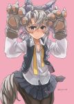  1girl animal_ears asymmetrical_hair black_legwear blush buttons closed_mouth collarbone collared_shirt eyebrows_visible_through_hair grey_eyes grey_skirt grey_vest hair_between_eyes highres kantai_collection long_sleeves nowaki_(kantai_collection) pantyhose paws pink_background pleated_skirt shirt short_hair silver_hair simple_background skirt solo sugue_tettou tail twitter_username vest white_shirt wolf_ears wolf_paws wolf_tail 