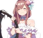  1girl :3 ^_^ bare_shoulders bloodborne blush bow bowtie brown_hair closed_eyes closed_mouth facing_viewer flower frilled ftst2020 hair_flower hair_ornament holding holding_weapon medium_hair nijisanji saw_cleaver simple_background solo suzuhara_lulu upper_body virtual_youtuber weapon white_background x_hair_ornament 