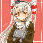  1girl amatsukaze_(kantai_collection) brown_dress cocoperino commentary_request dated dress hair_tubes kantai_collection long_hair red_background rensouhou-kun sailor_collar sailor_dress short_dress silver_hair twitter_username two_side_up white_sailor_collar windsock yellow_eyes 