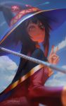  1girl :3 absurdres bangs black_headwear brown_hair cape cloud commentary dress english_commentary eyepatch hat highres looking_at_viewer looking_back megumin paul_nong red_dress red_eyes short_hair sidelocks sky smile solo staff v witch_hat 