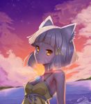  1girl absurdres animal_ear_fluff animal_ears bangs bare_shoulders blunt_bangs breasts cat_ears chest_jewel cleavage dress_swimsuit dusk facial_mark highres horizon kl4397 looking_at_viewer medium_breasts nia_(xenoblade) ocean outdoors short_hair silver_hair sky solo star_(sky) starry_sky swimsuit upper_body xenoblade_chronicles_(series) xenoblade_chronicles_2 yellow_eyes yellow_swimsuit 