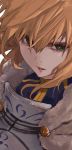  1girl armor artoria_pendragon_(all) bangs blonde_hair blue_shirt breastplate cape close-up face fate/grand_order fate_(series) fur-trimmed_cape fur_trim green_eyes hair_between_eyes kdm_(ke_dama) looking_to_the_side saber shirt work_in_progress 