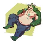  anthro bandanna belly canid canine canis clothed clothing dessert domestic_dog food fur green_body green_fur hi_res ice_cream kerchief kourney live-a-hero male mammal mint_chocolate_chip mokdai musclegut nipples slightly_chubby solo topless 
