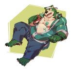  anthro bandanna belly canid canine canis clothing dessert domestic_dog food fur green_body green_fur hi_res ice_cream jacket kerchief kourney live-a-hero male mammal mint_chocolate_chip mokdai musclegut slightly_chubby solo topwear 