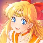  aino_minako bishoujo_senshi_sailor_moon blue_eyes choker earrings gradient gradient_background hair_ribbon highres hori_shin inner_senshi jewelry open_mouth orange_background orange_choker orange_sailor_collar ribbon sailor_collar sailor_senshi sailor_senshi_uniform sailor_venus signature starry_background stud_earrings super_sailor_venus_(stars) tiara 