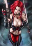  1girl bare_shoulders bloodrayne bloodrayne_(videogame) breasts cleavage dandon_fuga green_eyes hair_ornament highres jewelry looking_at_viewer makeup navel red_hair red_lips solo vampire weapon 