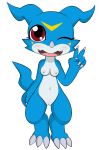  alpha_channel anthro blue_body blue_skin blush breasts digimon digimon_(species) dreameclipsewolf female genitals hi_res one_eye_closed pussy solo teeth tongue veemon white_body white_skin wink 