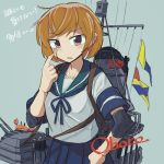  1girl ahoge bandaid bandaid_on_face bangs blue_sailor_collar blue_skirt brown_hair crab elbow_pads eyebrows_visible_through_hair hand_on_hip juraki_hakuaki kantai_collection looking_at_viewer oboro_(kantai_collection) open_mouth rigging sailor_collar school_uniform serafuku short_hair short_sleeves signal_flag simple_background skirt smokestack solo torpedo torpedo_tubes turret 