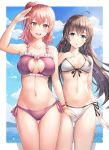  2girls :d :o ahoge arm_at_side arm_up bangs bare_thighs bikini black_hair blue_eyes blue_sky border bracelet breasts cleavage_cutout clothing_cutout cloud collarbone eyebrows_visible_through_hair fishking hair_bun hair_ribbon highres jewelry long_hair medium_breasts medium_hair mountainous_horizon multiple_girls navel ocean open_mouth purple_bikini red_eyes red_hair revision ribbon side-tie_bikini sky small_breasts smile standing swimsuit upper_teeth white_bikini white_border yahari_ore_no_seishun_lovecome_wa_machigatteiru. yuigahama_yui yukinoshita_yukino 