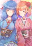  2girls absurdres blue_hair blush bob_cut breasts closed_eyes flower hair_flower hair_ornament hair_tie highres japanese_clothes kimono large_breasts long_hair medium_breasts multicolored_hair multiple_girls namamake open_mouth purple_hair red_flower setsuna_(shironeko_project) shironeko_project short_hair sidelocks sitting sleeping smile towa_(shironeko_project) twintails 