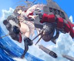  1girl ass bare_shoulders boots breasts brown_eyes camouflage day dazzle_paint detached_sleeves floating_hair grey_hair hair_ornament hairband hairclip haruna_(kantai_collection) headgear highres japanese_clothes kantai_collection kicking large_breasts long_hair looking_at_viewer nontraditional_miko outdoors panties remodel_(kantai_collection) rigging rudder_footwear skirt solo thighhighs thighs torpedo torpedo_launcher underwear white_panties wind zombie_mogura 