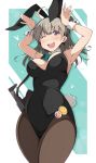  1girl ahoge alternate_costume animal_ears aqua_neckwear bangs black_legwear black_leotard blush breasts bunny_ears bunny_pose bunny_tail detached_collar eyebrows_visible_through_hair fake_animal_ears from_below girls_frontline grey_hair gun highres honey_badger_(girls_frontline) large_breasts leotard long_hair nel-c one_eye_closed pantyhose pins playboy_bunny purple_eyes simple_background solo tail two-tone_background weapon wrist_cuffs 