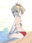  1girl artoria_pendragon_(all) ball beach_umbrella beachball bikini blonde_hair braid butt_crack cloud fate/apocrypha fate/grand_order fate_(series) french_braid from_behind green_eyes hair_ornament hair_scrunchie highres looking_back mordred_(fate) mordred_(fate)_(all) palm_tree ponytail pool poolside r3dfive red_bikini red_scrunchie saber scrunchie solo swimsuit tan tanline tree umbrella white_background 