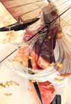  2girls autumn_leaves brown_hair dark_skin eyes_visible_through_hair fantasy fox_girl gourd highres japanese_clothes kimono leaf long_hair maple_leaf multiple_girls original parasol red_eyes shjjy296 smile thick_eyebrows umbrella very_long_hair white_hair 