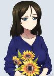  1girl artist_name bangs black_hair blue_eyes blue_shirt bukkuri casual closed_mouth commentary_request dated flower girls_und_panzer grey_background highres holding holding_flower light_smile long_hair long_sleeves looking_at_viewer nonna_(girls_und_panzer) partial_commentary shirt signature simple_background solo sunflower swept_bangs upper_body 