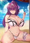  1girl aster_crowley bangs bare_shoulders beach bikini blush breasts choker cleavage collarbone fate/grand_order fate_(series) food hair_between_eyes hair_ribbon highres large_breasts long_hair navel ponytail popsicle purple_hair red_eyes ribbon scathach_(fate)_(all) scathach_skadi_(fate/grand_order) swimsuit thighs tiara 